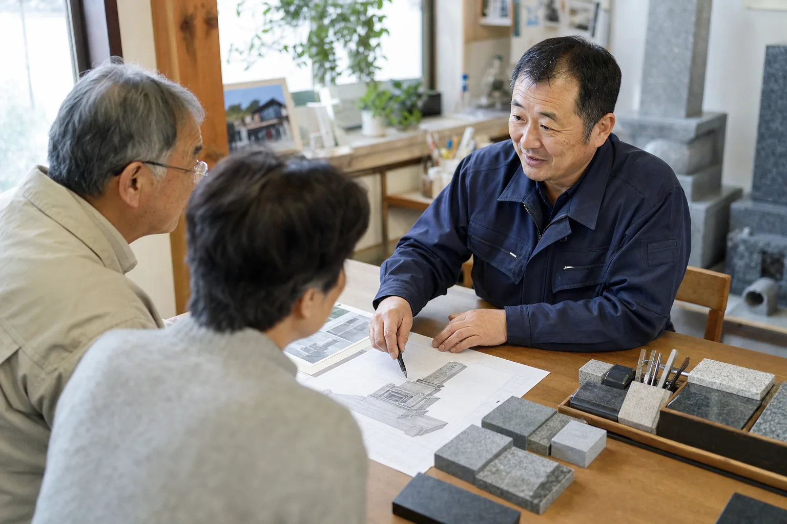 店内でお墓について相談する様子