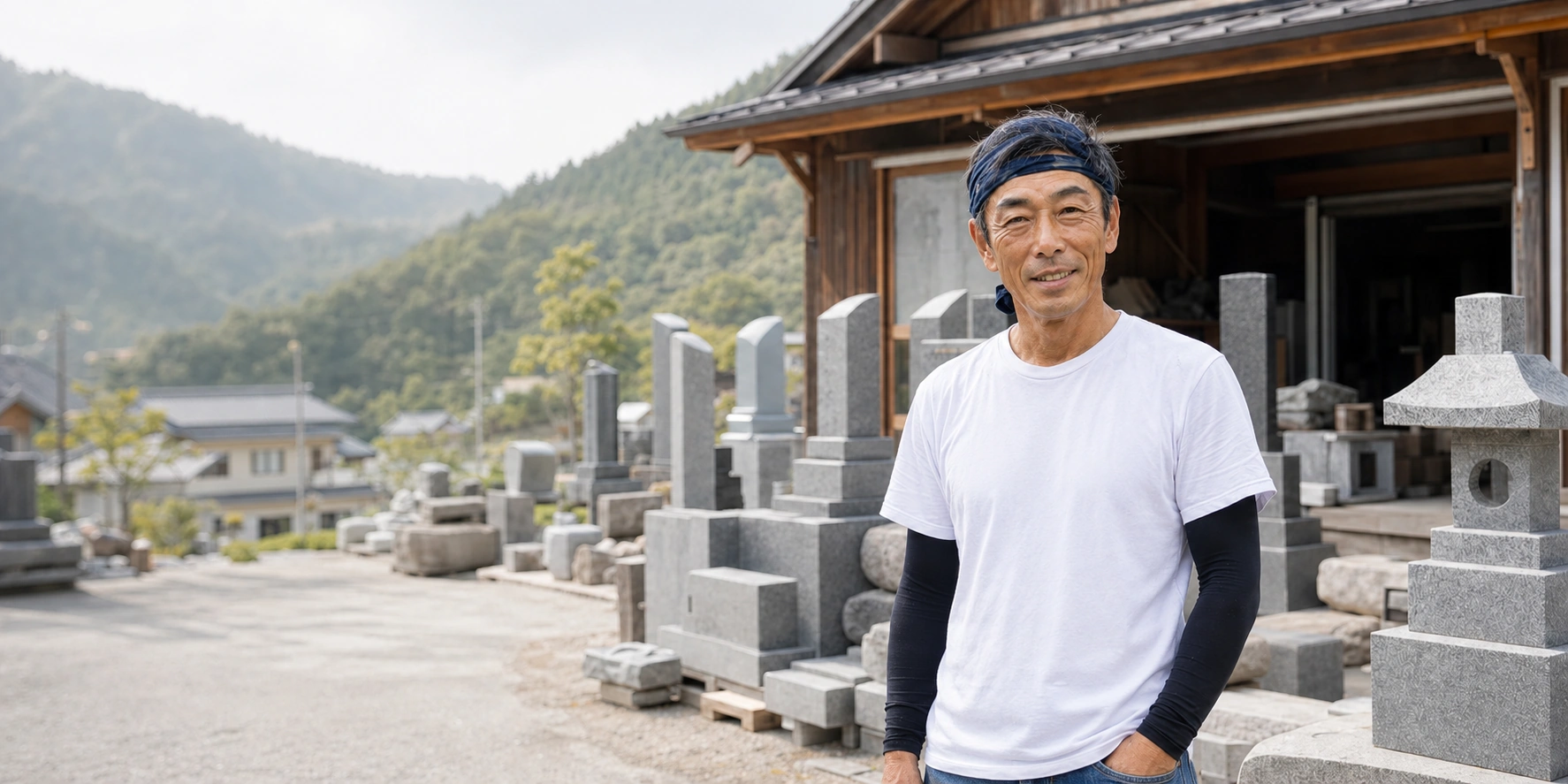 墓石が並ぶ作業場に立つ番谷石材店の職人