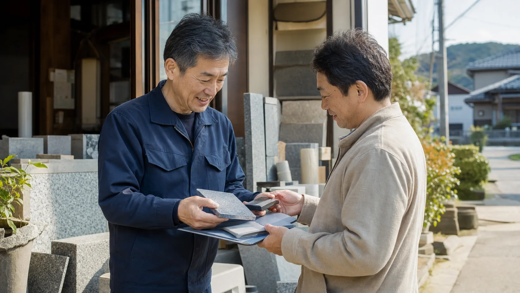 石材について店頭で相談する様子