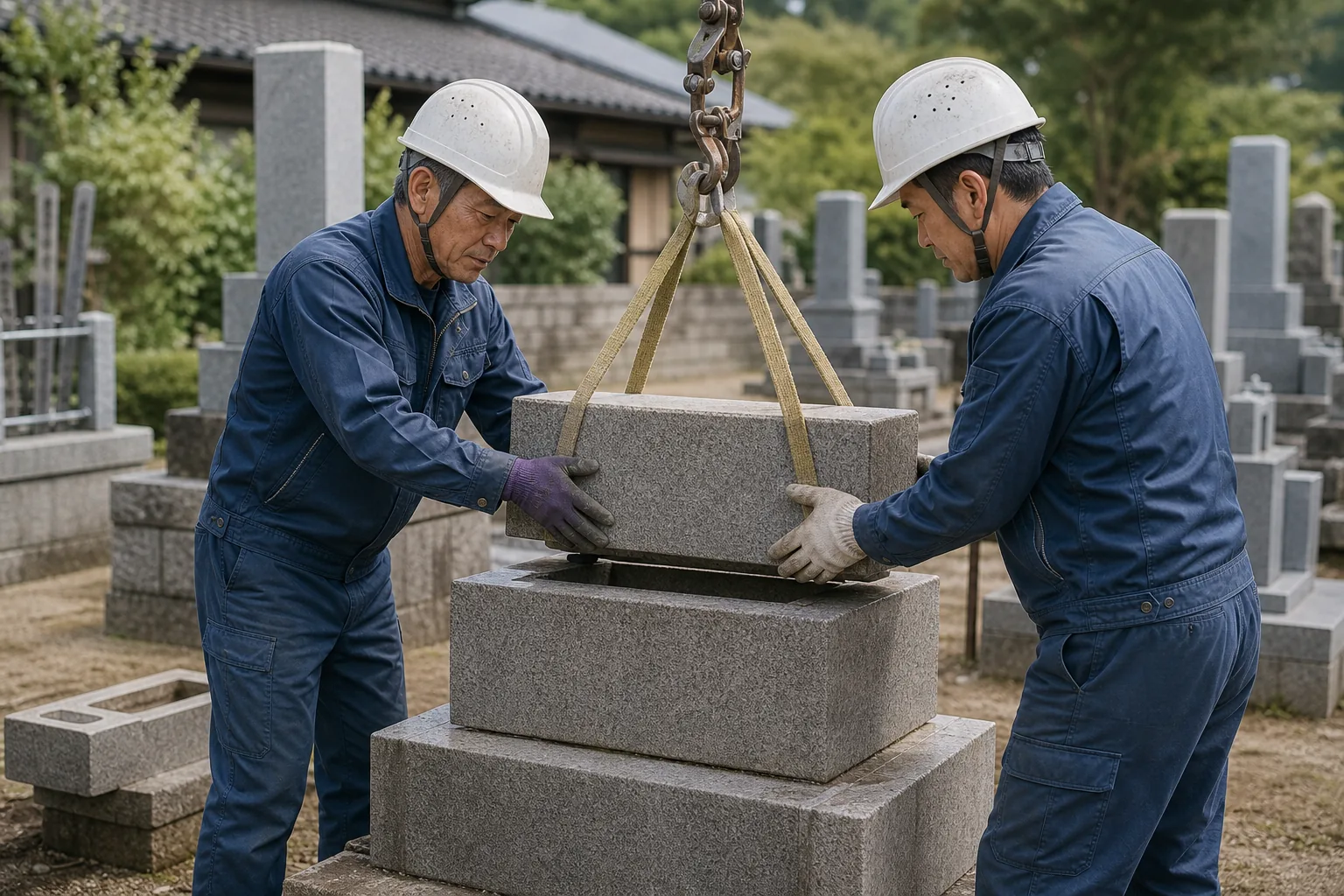 墓石を移設し整理する作業風景