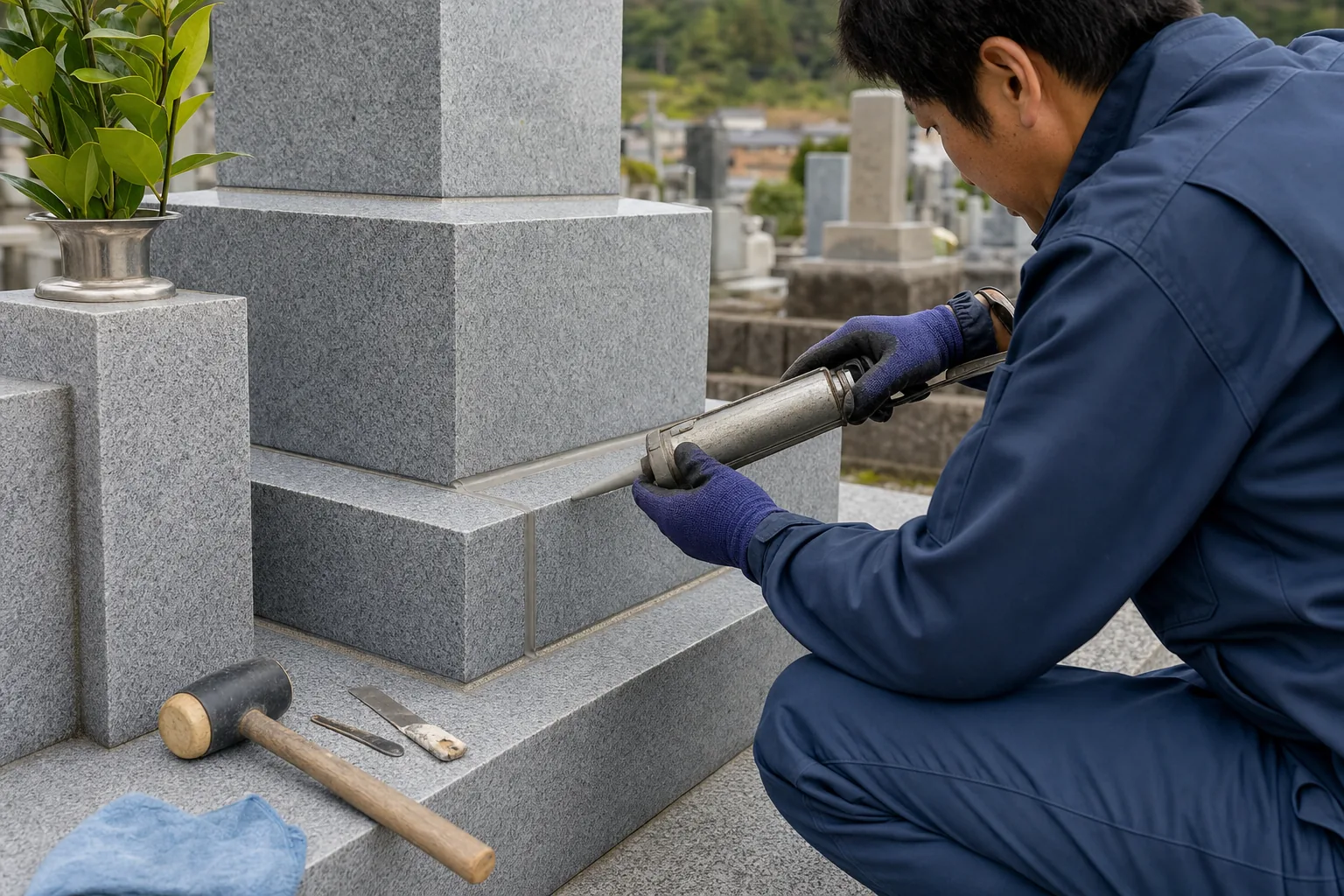 墓石を補修する作業風景