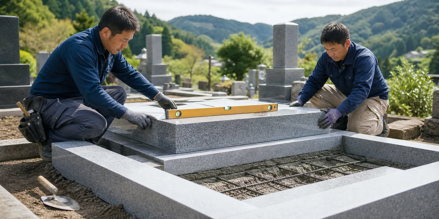 墓石の基礎と石材を水平に施工する作業